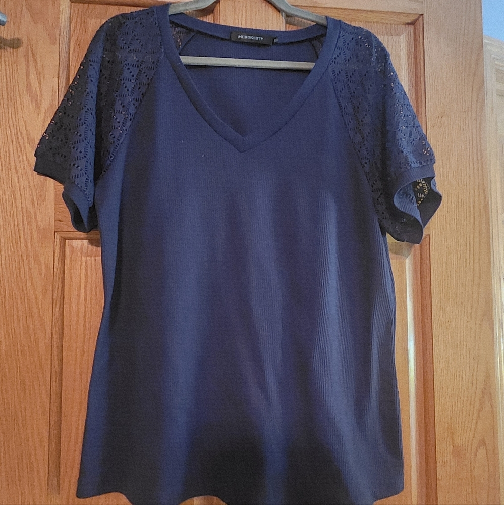 a new day Deep Blue Blouse with Lace Sleeves